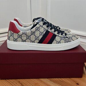Women's Gucci Ace Sneaker with Web Beige and Blue Supreme Canvas 39 Like New